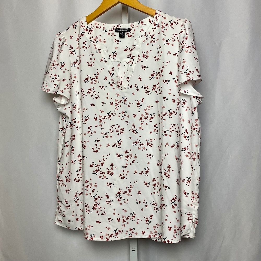 Hillary Radley Womenʻs White Floral Split Neck Short Sleeve Blouse Large